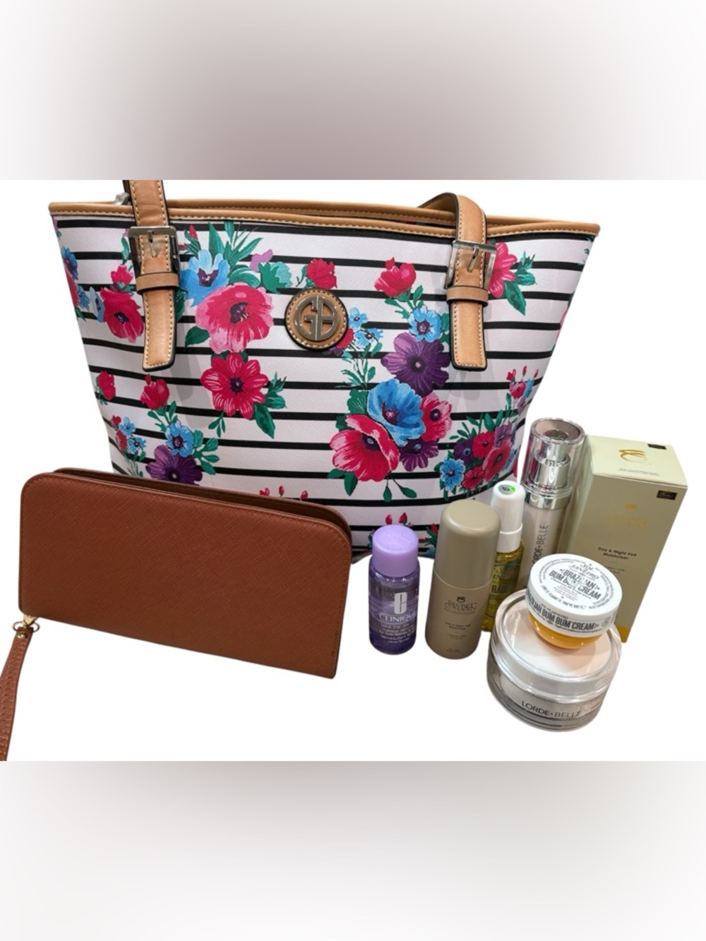 Giani Bernini Floral Stripe Tote Bag with Tan Trim